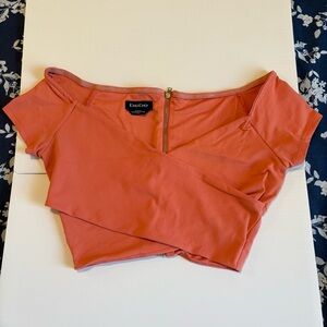 Bebe Coral Off The Shoulder Crop Top Crossover Design Gold Back Zipper Strechy